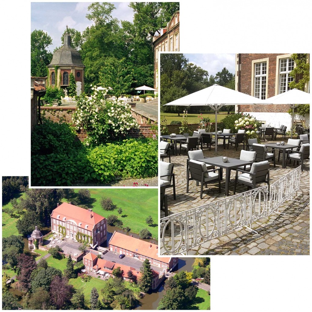 3 Bilder - Außenbereich der Wilkinghege mit Gartenpavillon, Terrasse mit Tischen und Stühlen unter Sonnenschirmen sowie Luftaufnahme des historischen Gebäudekomplexes mit umliegendem Park