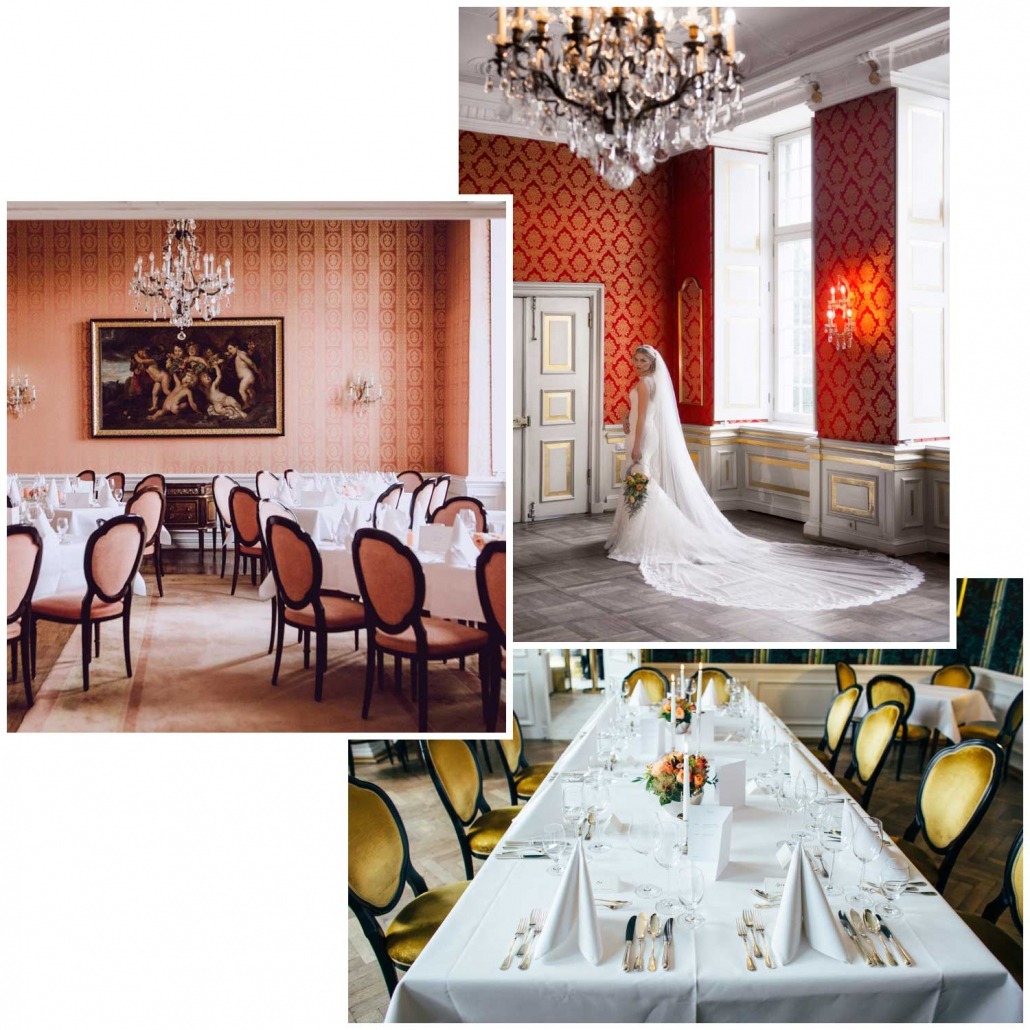 Salons und Säle 3 Bilder - Eleganter Festsaal mit roten und goldenen Wänden, Kronleuchtern, weißen Tischtüchern und gedeckten Tischen, Braut in weißem Kleid mit langem Schleier vor roter Wand